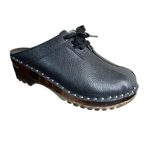 Troentorp Clogs Shoes Audubon Black Vegan Leather Laced Front Size 38/US 7.5